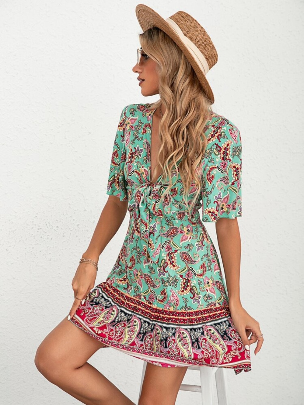 Bohemian Tie-Front Mini Dress in Mint Paisley Pattern SHEIN Large